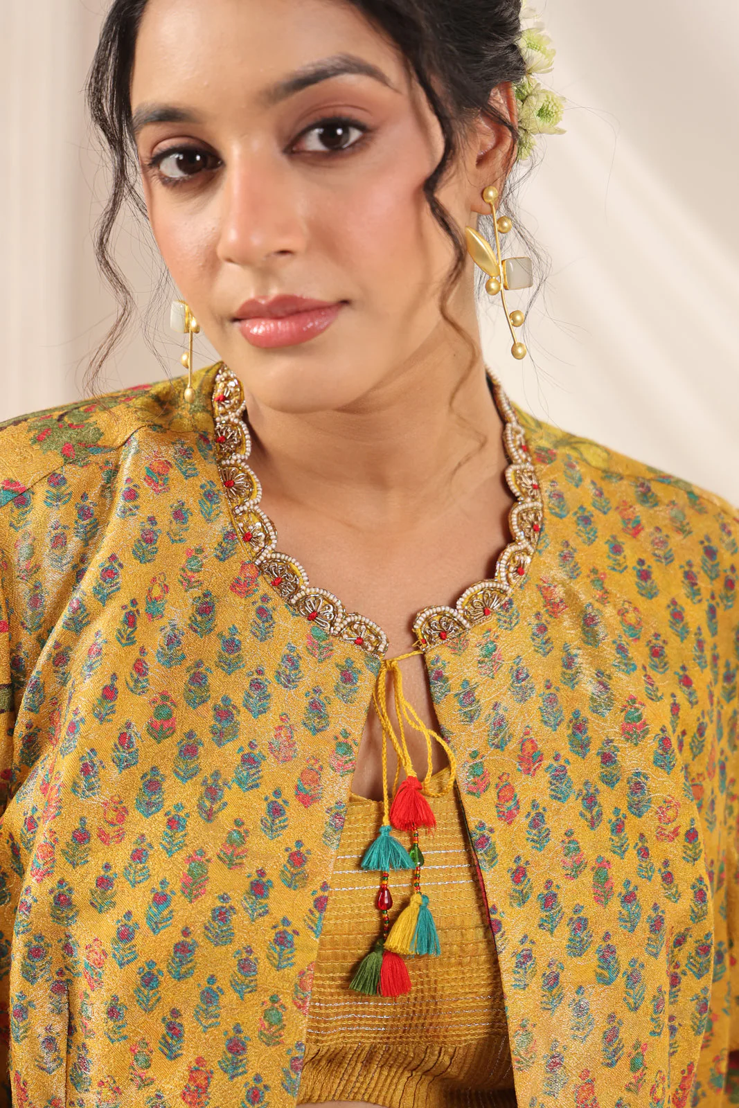Mustard Yellow Fusion Set With Crop Top And Dreped Skirt Paired Long Ethnic Jacket - Image 12