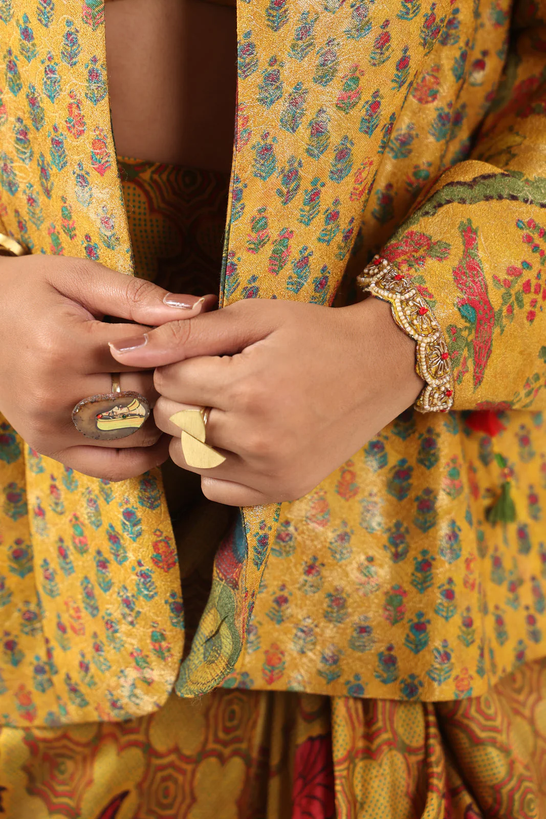 Mustard Yellow Fusion Set With Crop Top And Dreped Skirt Paired Long Ethnic Jacket - Image 13