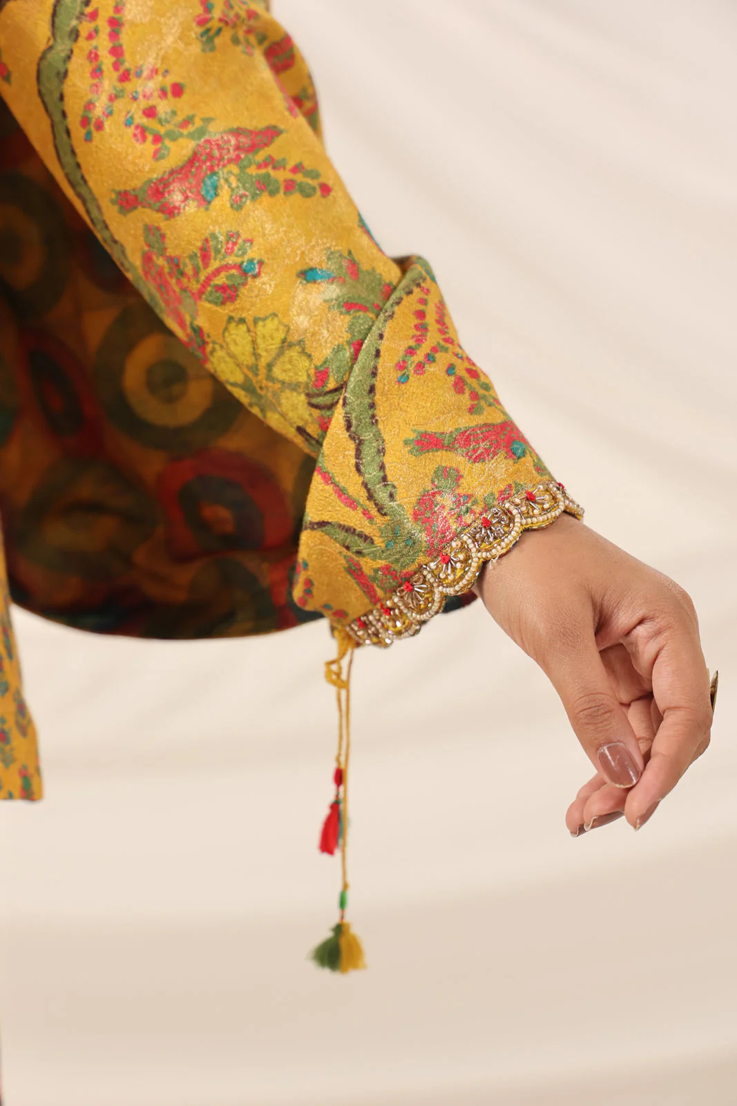 Mustard Yellow Fusion Set With Crop Top And Dreped Skirt Paired Long Ethnic Jacket - Image 14