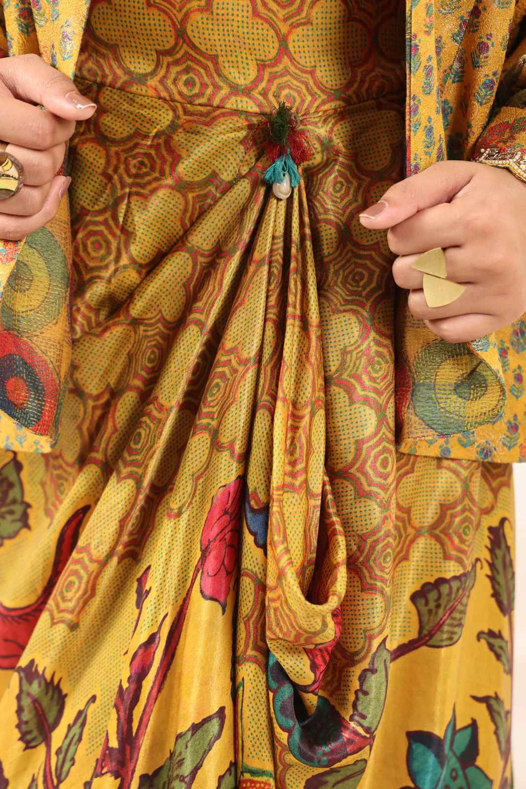 Mustard Yellow Fusion Set With Crop Top And Dreped Skirt Paired Long Ethnic Jacket - Image 15
