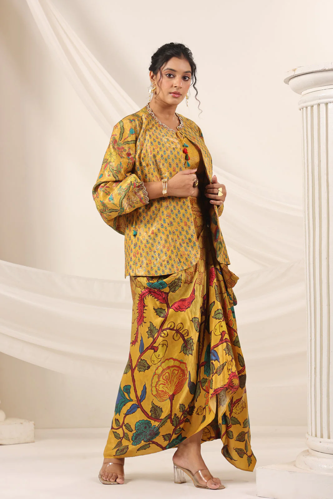 Mustard Yellow Fusion Set With Crop Top And Dreped Skirt Paired Long Ethnic Jacket - Image 3