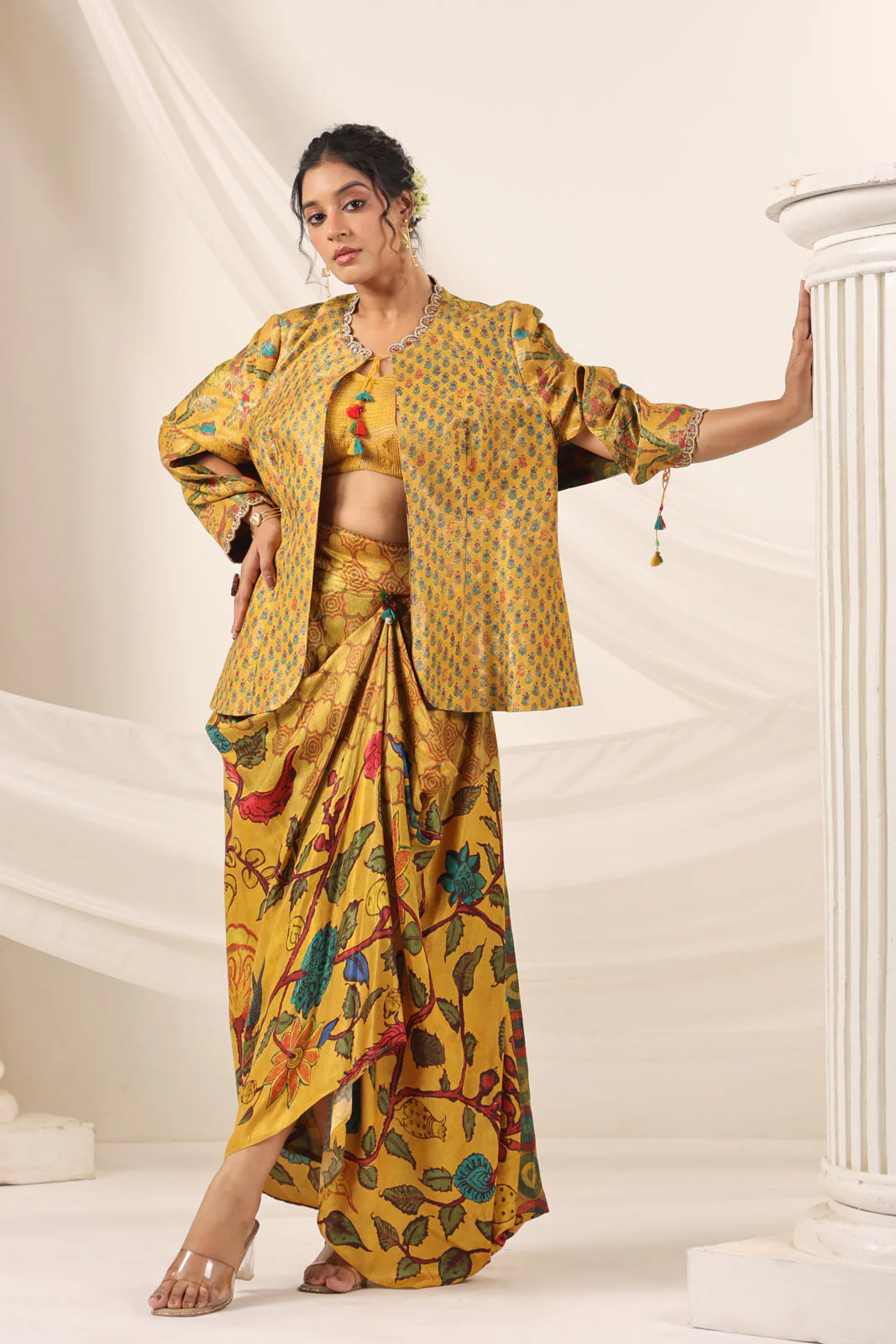 Mustard Yellow Fusion Set With Crop Top And Dreped Skirt Paired Long Ethnic Jacket - Image 4