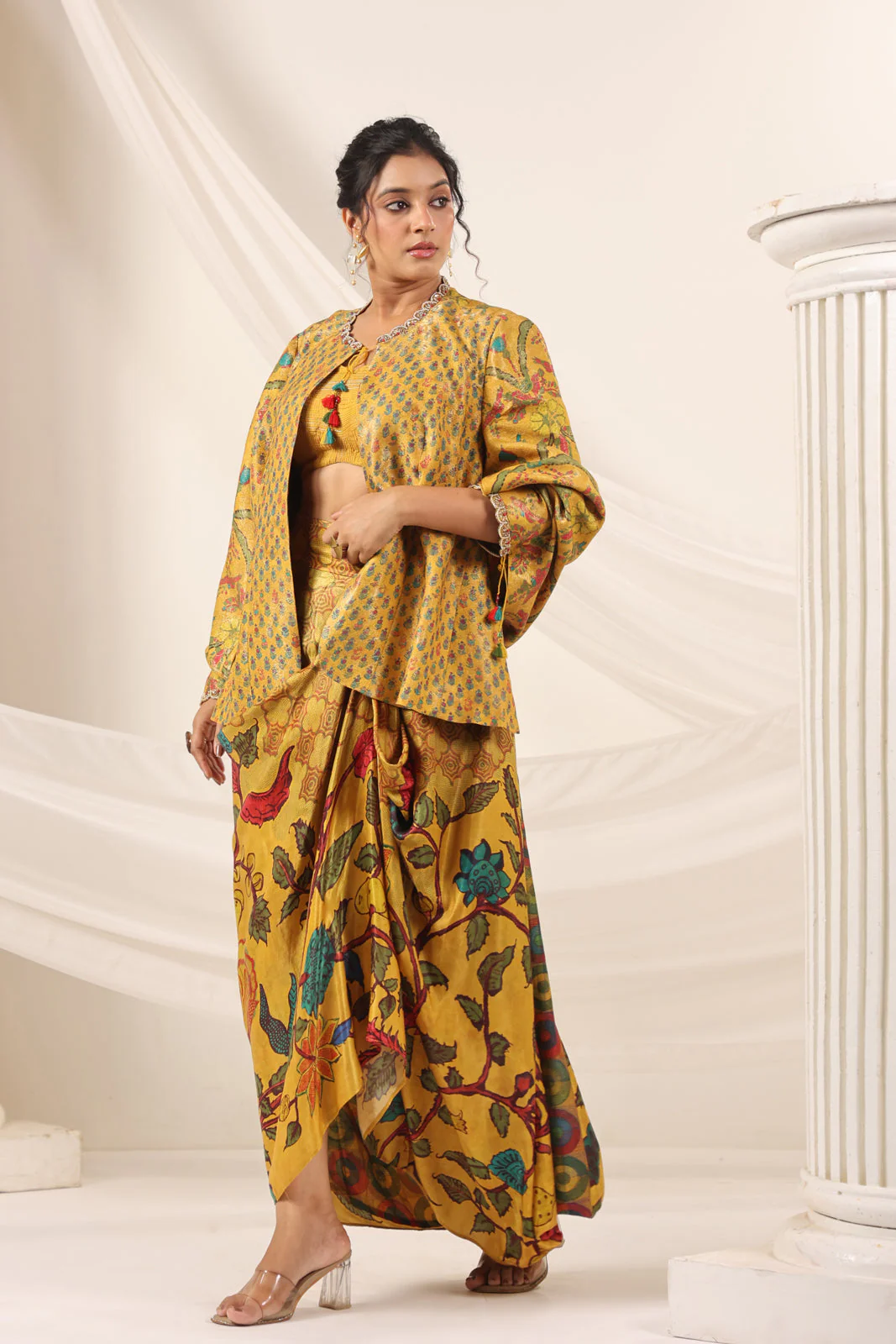 Mustard Yellow Fusion Set With Crop Top And Dreped Skirt Paired Long Ethnic Jacket - Image 5