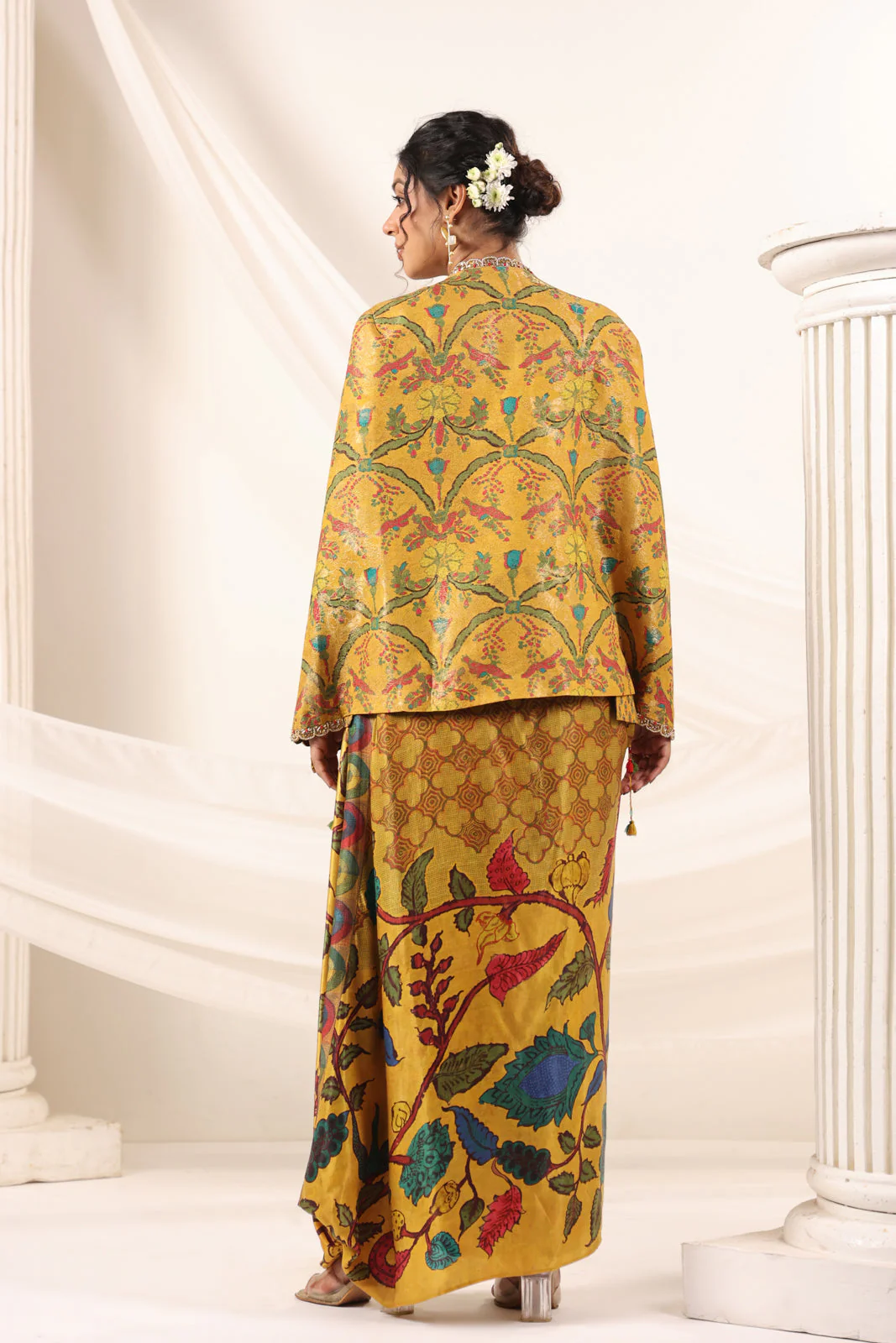 Mustard Yellow Fusion Set With Crop Top And Dreped Skirt Paired Long Ethnic Jacket - Image 6