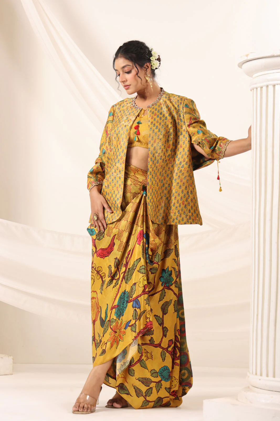 Mustard Yellow Fusion Set With Crop Top And Dreped Skirt Paired Long Ethnic Jacket - Image 7