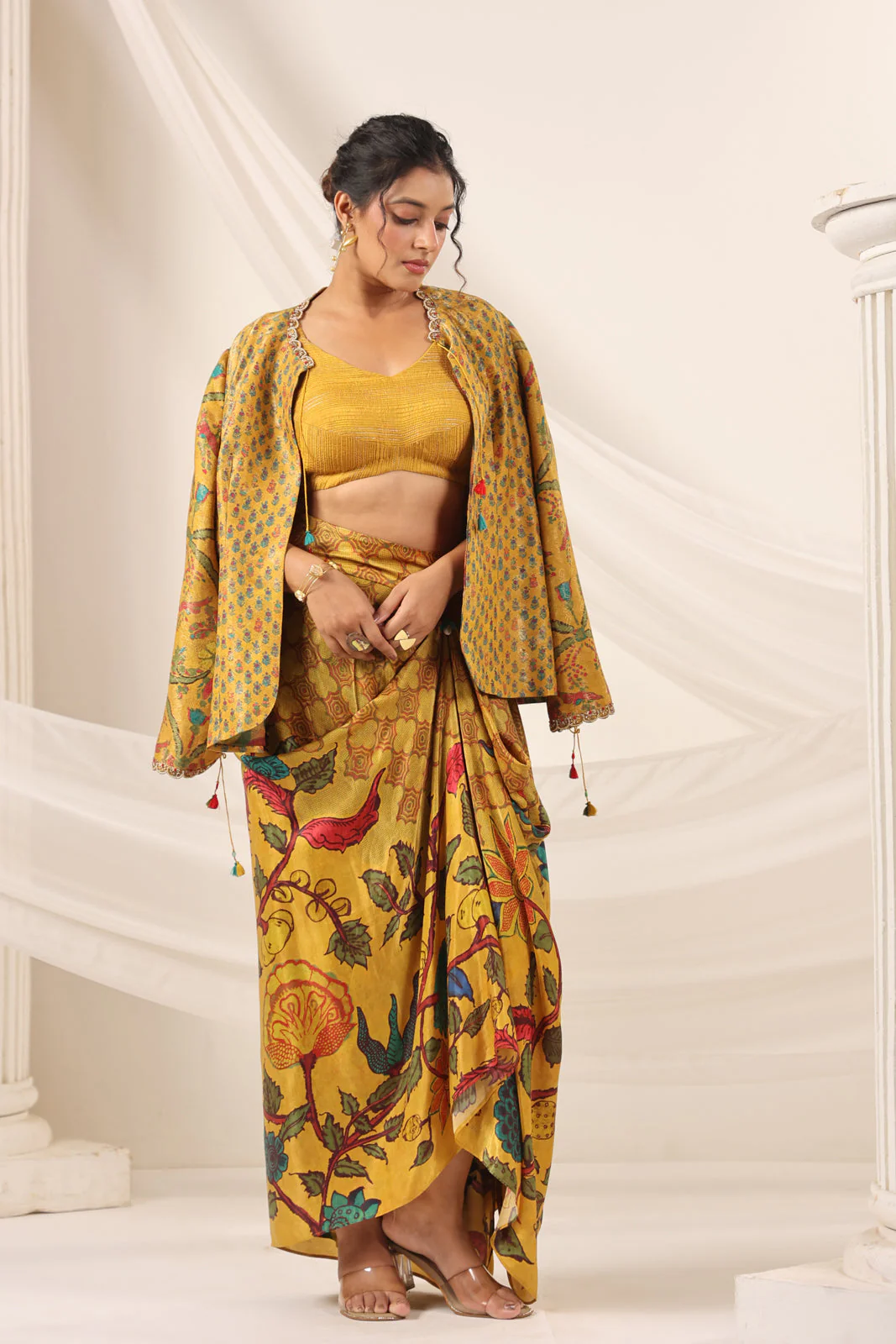 Mustard Yellow Fusion Set With Crop Top And Dreped Skirt Paired Long Ethnic Jacket - Image 8