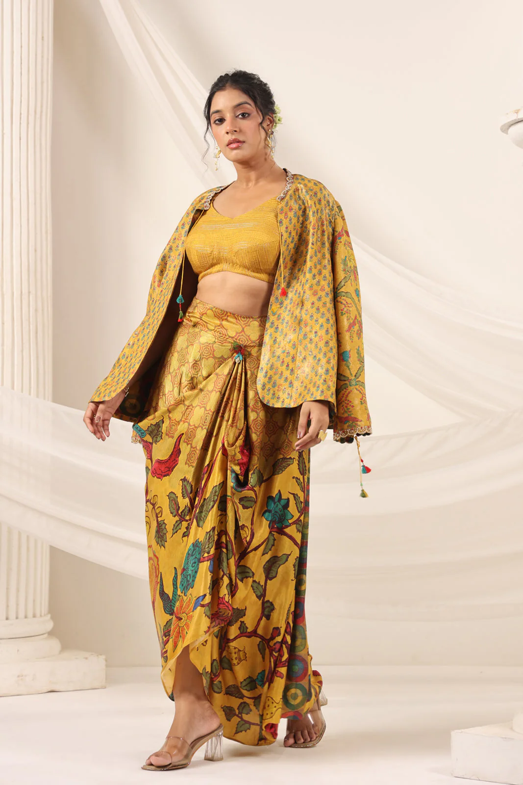 Mustard Yellow Fusion Set With Crop Top And Dreped Skirt Paired Long Ethnic Jacket - Image 9