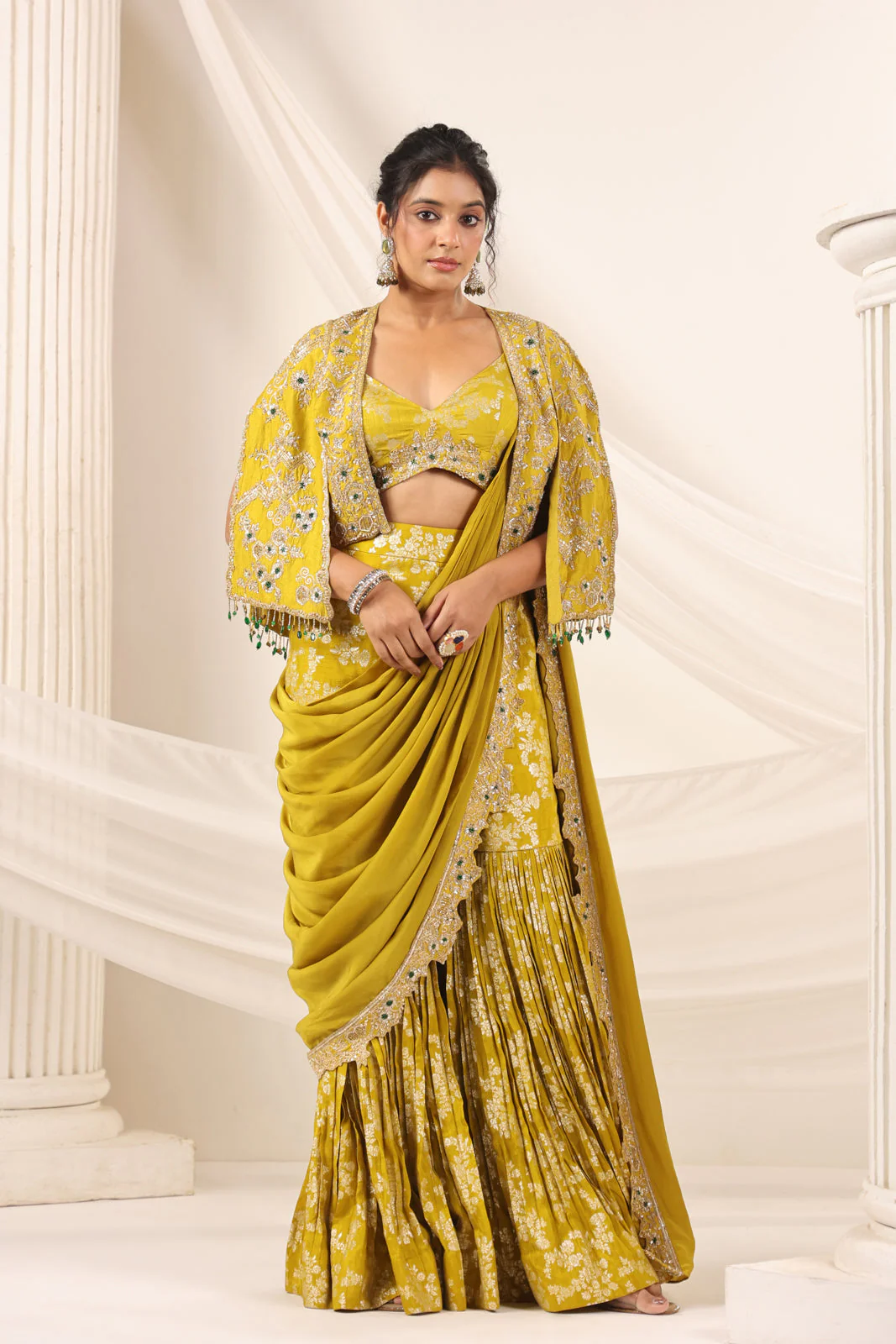 Mustard Yellow Banarasi Indo Western Fusion Outfit With Crop Top Saree-Style Dreap Sharara Pant & Embellish Jacket - Image 3