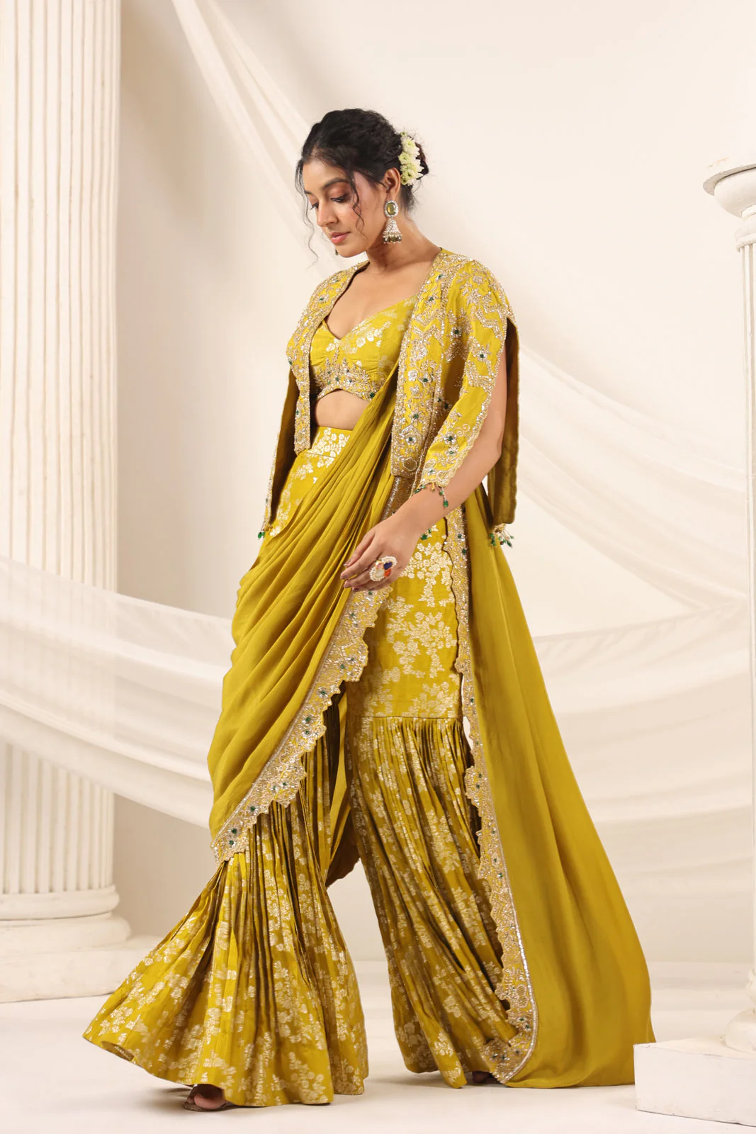 Mustard Yellow Banarasi Indo Western Fusion Outfit With Crop Top Saree-Style Dreap Sharara Pant & Embellish Jacket - Image 4
