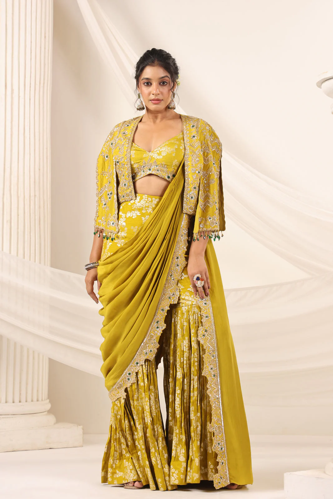 Mustard Yellow Banarasi Indo Western Fusion Outfit With Crop Top Saree-Style Dreap Sharara Pant & Embellish Jacket - Image 5