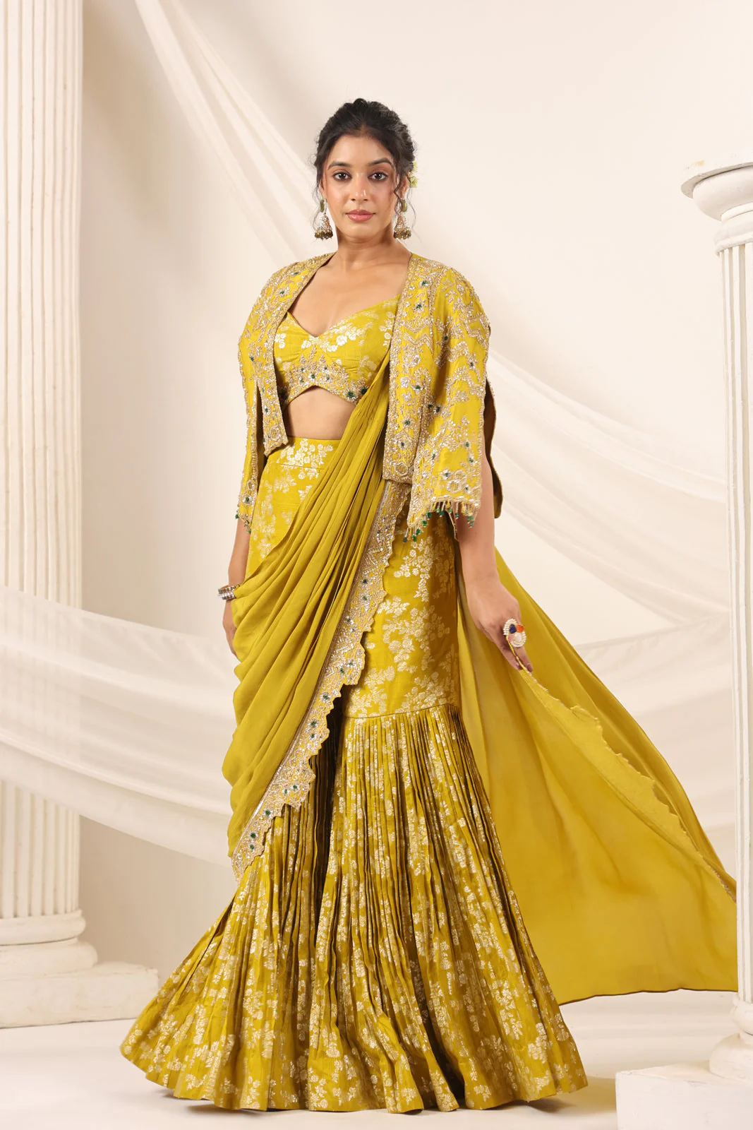 Mustard Yellow Banarasi Indo Western Fusion Outfit With Crop Top Saree-Style Dreap Sharara Pant & Embellish Jacket - Image 6