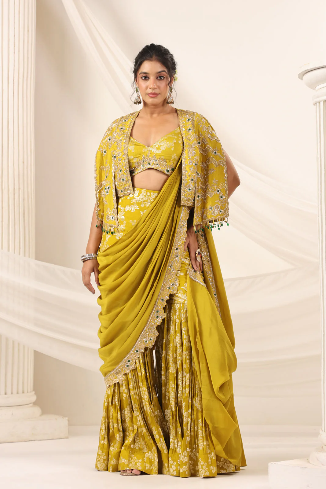Mustard Yellow Banarasi Indo Western Fusion Outfit With Crop Top Saree-Style Dreap Sharara Pant & Embellish Jacket - Image 7