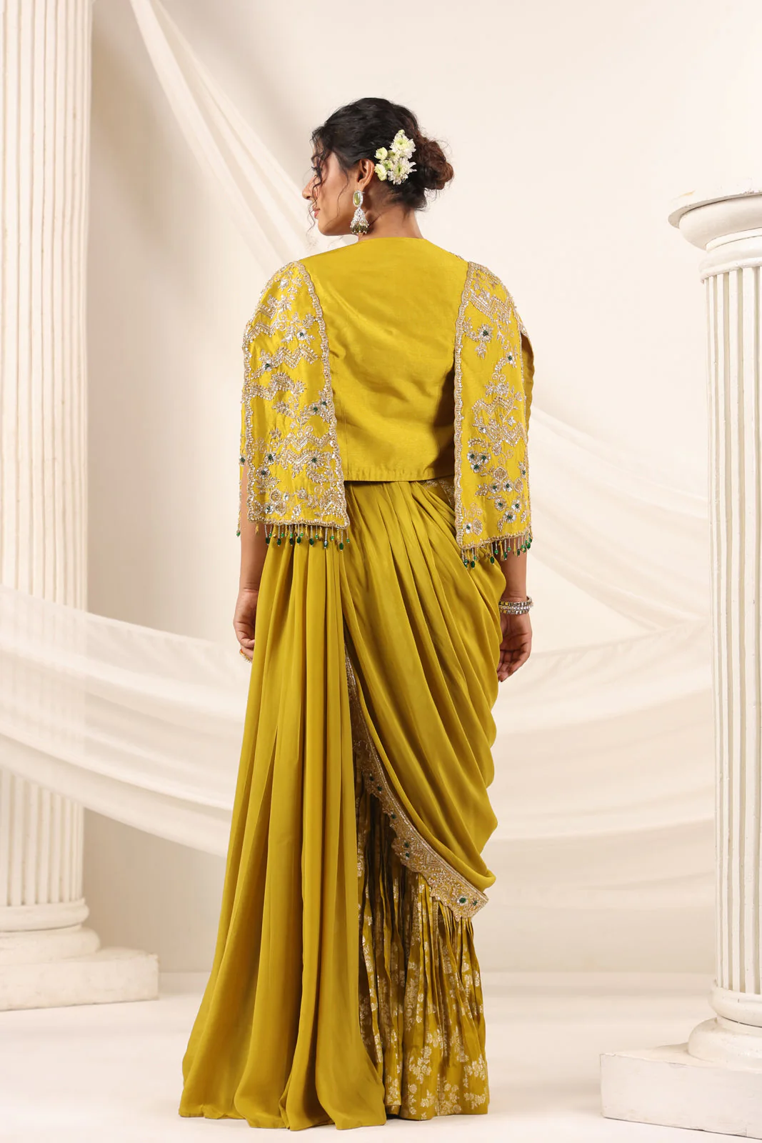 Mustard Yellow Banarasi Indo Western Fusion Outfit With Crop Top Saree-Style Dreap Sharara Pant & Embellish Jacket - Image 8