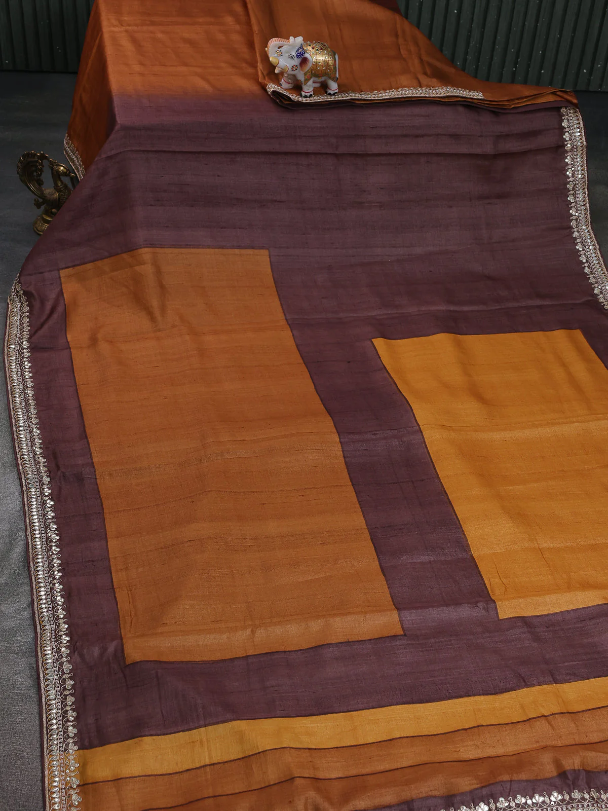 Mustard Yellow-Brown Tussar Silk Saree - Image 2