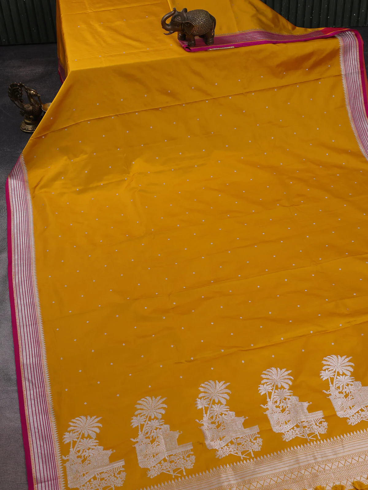 Mustard Yellow - Pink Banarasi Mushru Silk Saree - Image 2