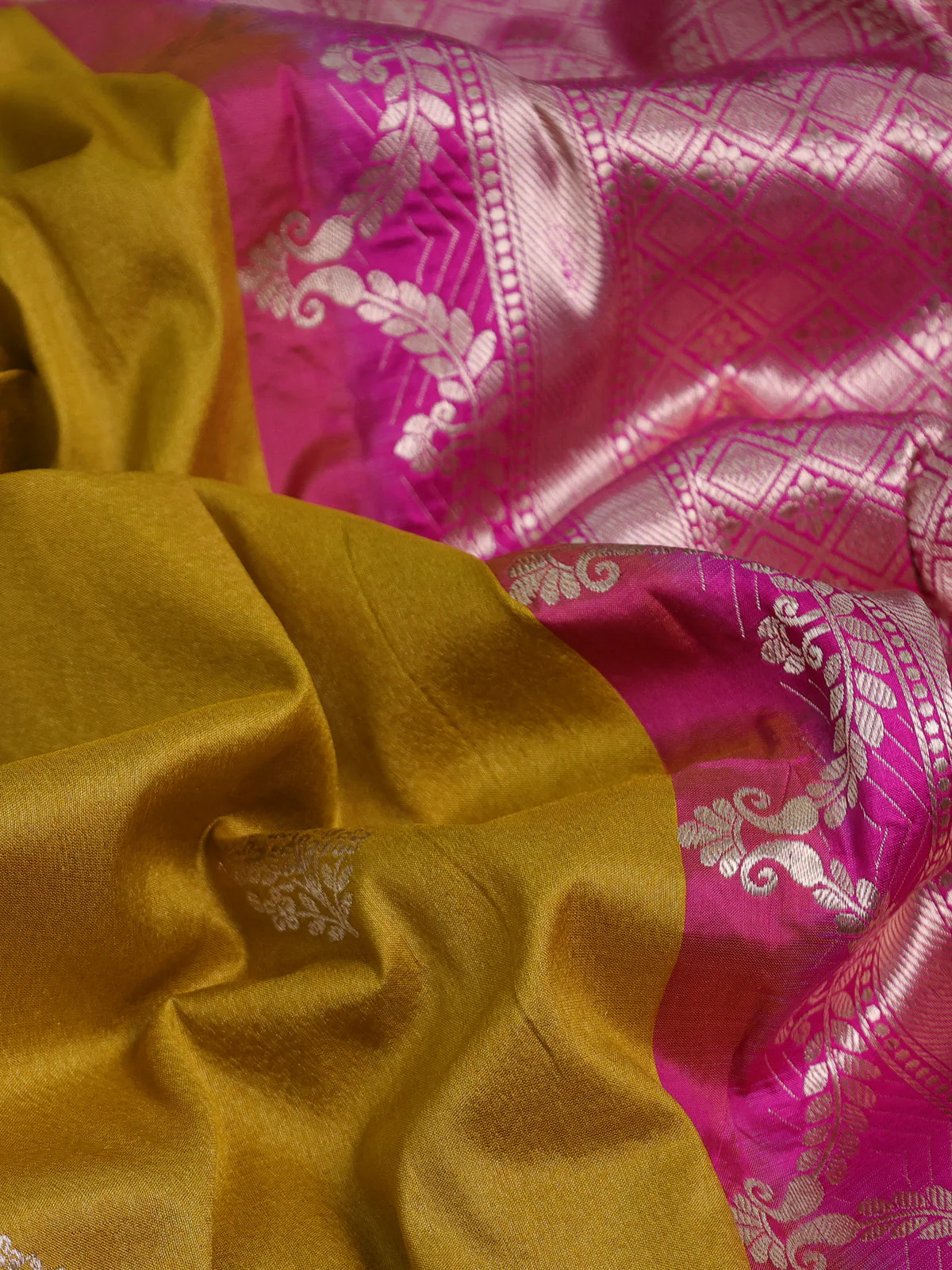Mustard Yellow-Pink Banarasi Tussar Silk Saree - Image 3