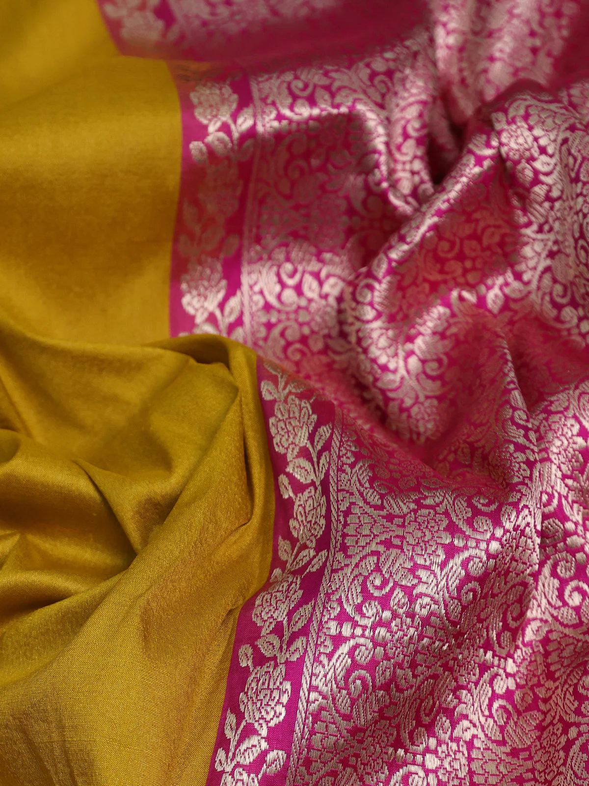 Mustard Yellow-Pink Banarasi Tussar Silk Saree - Image 3