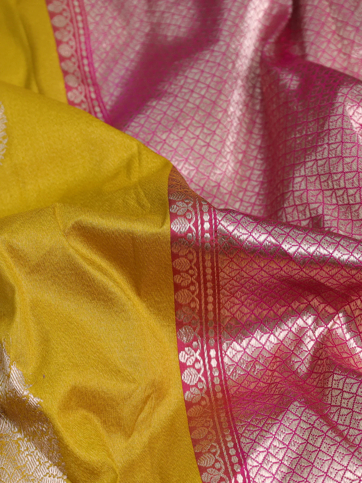 Mustard Yellow-Pink Banarasi Tussar Silk Saree - Image 3