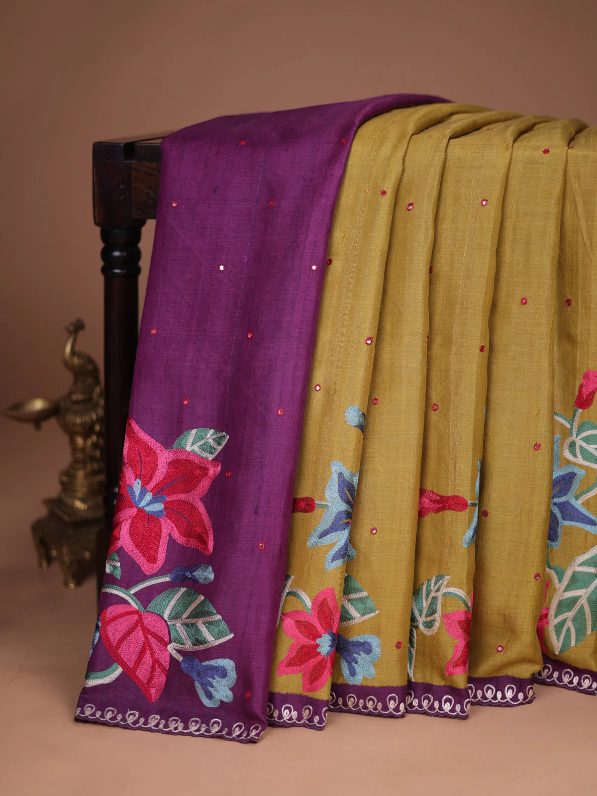 Mustard Yellow-Purple Tussar Silk Saree - Image 2