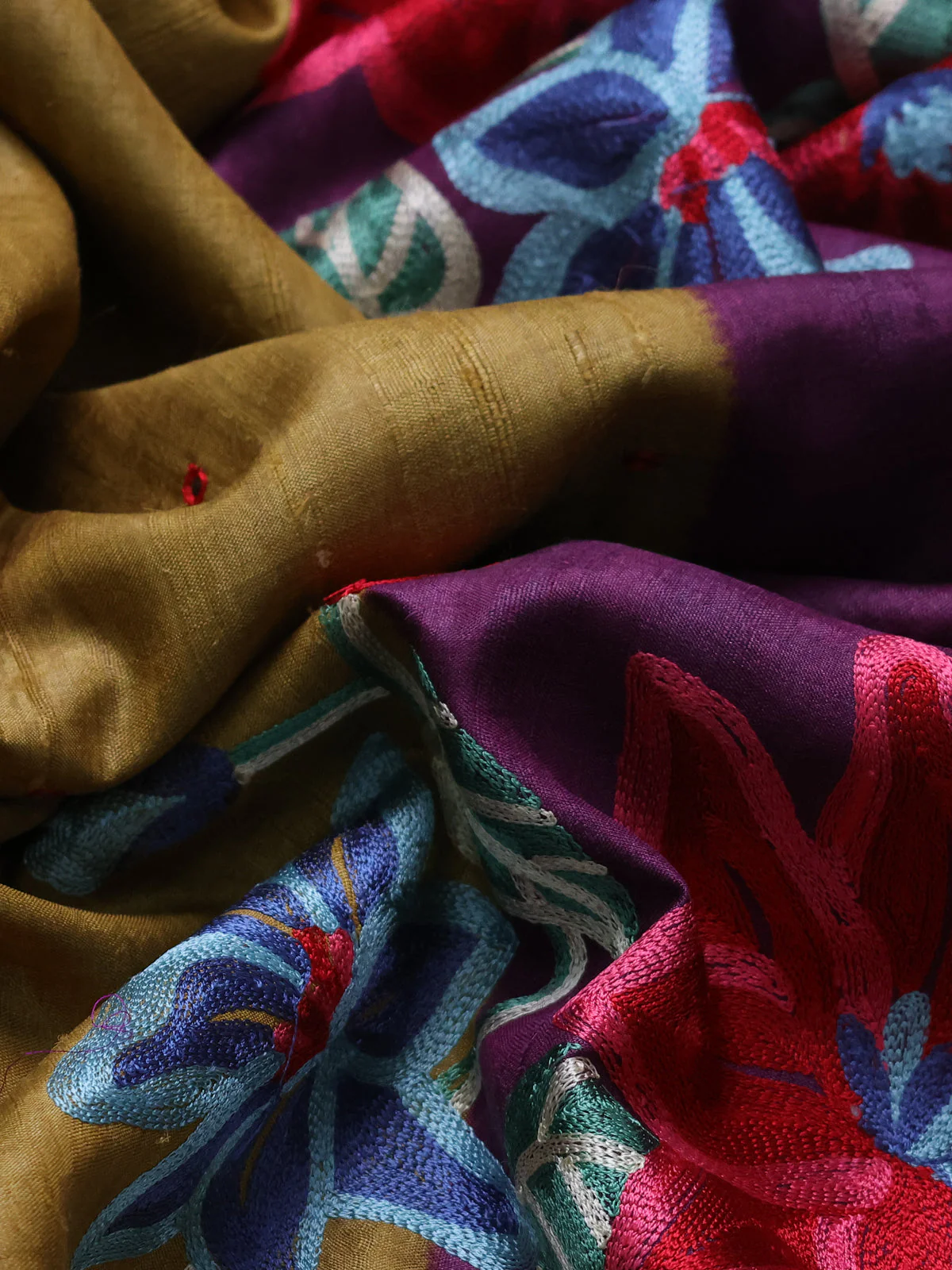 Mustard Yellow-Purple Tussar Silk Saree - Image 3