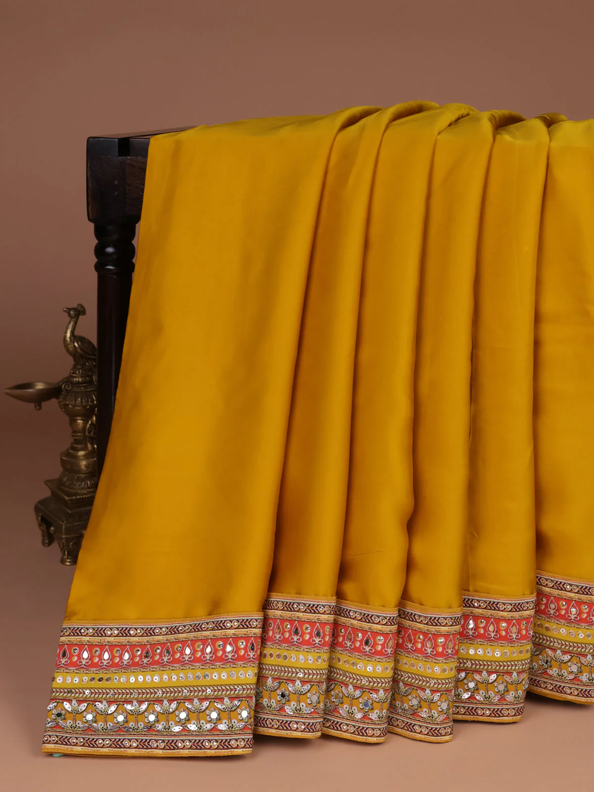 Mustard Yellow Satin Organza Silk Saree - Embroidery Readymade Blouse - Image 2