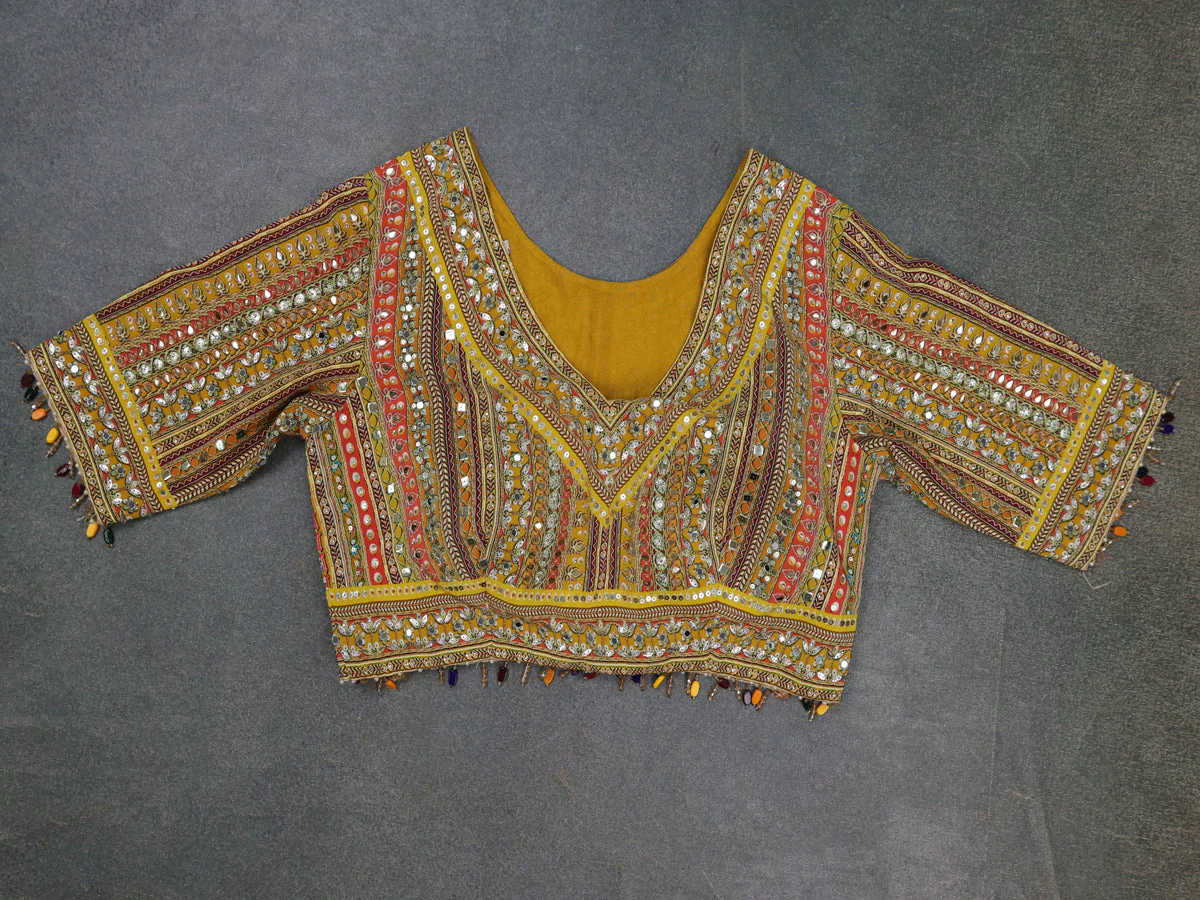Mustard Yellow Satin Organza Silk Saree - Embroidery Readymade Blouse - Image 3