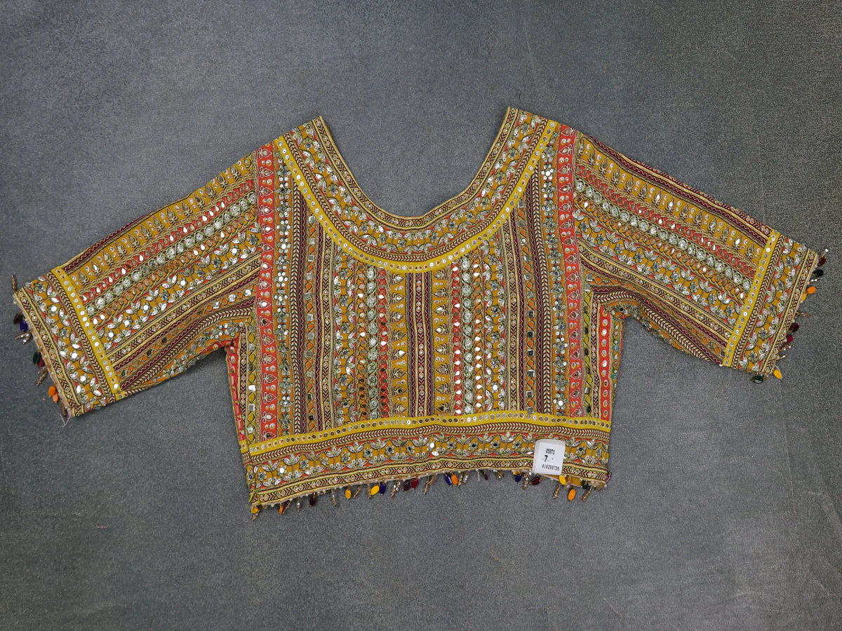 Mustard Yellow Satin Organza Silk Saree - Embroidery Readymade Blouse - Image 4