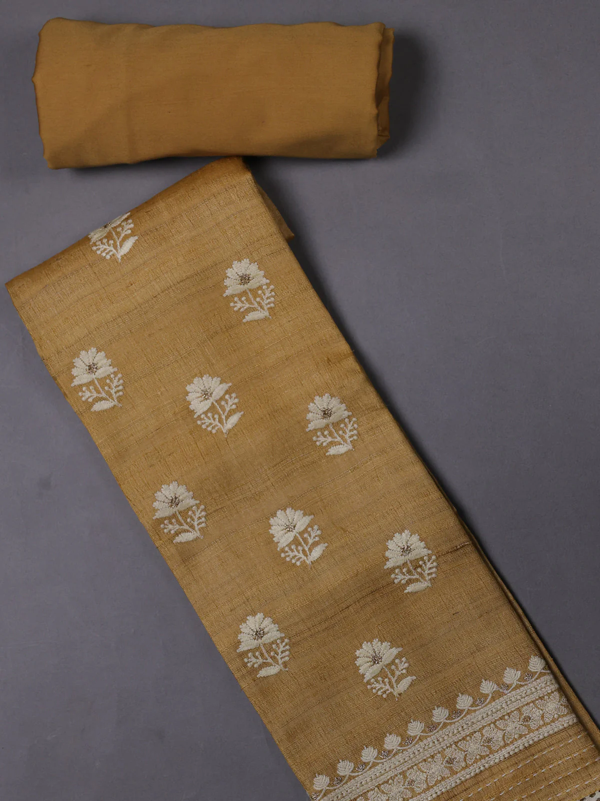 Mustard Yellow Tussar Silk Unstitched Suit - Image 2
