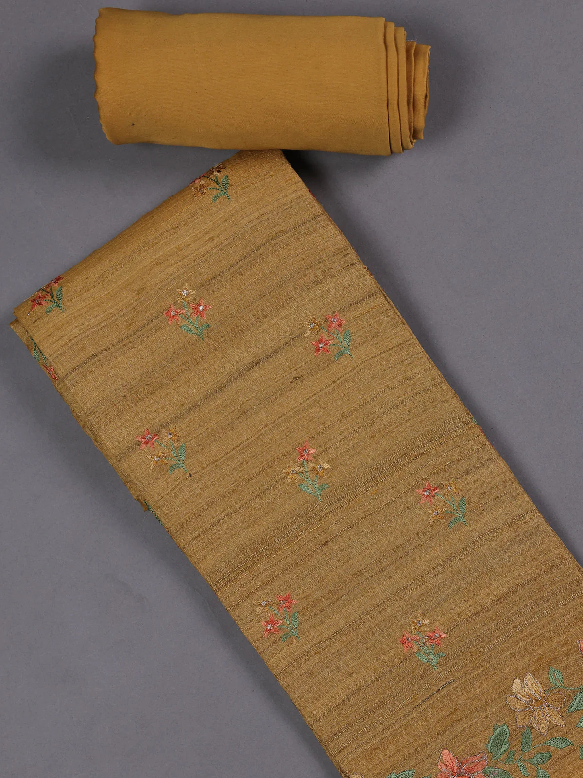 Mustard Yellow Tussar Silk Unstitched Suit - Image 2