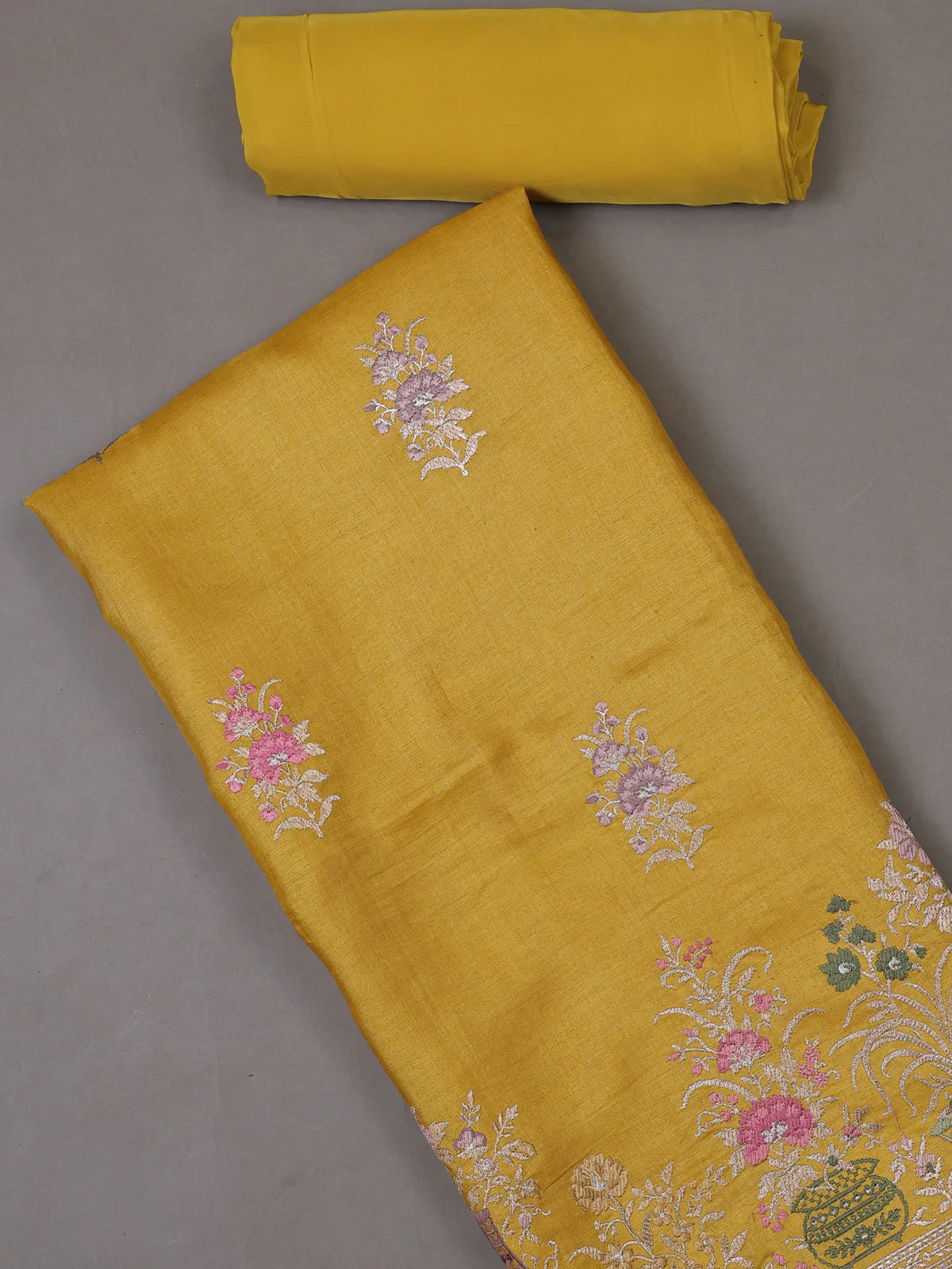 Mustard Yellow Tussar Silk Unstitched Suit - Image 2