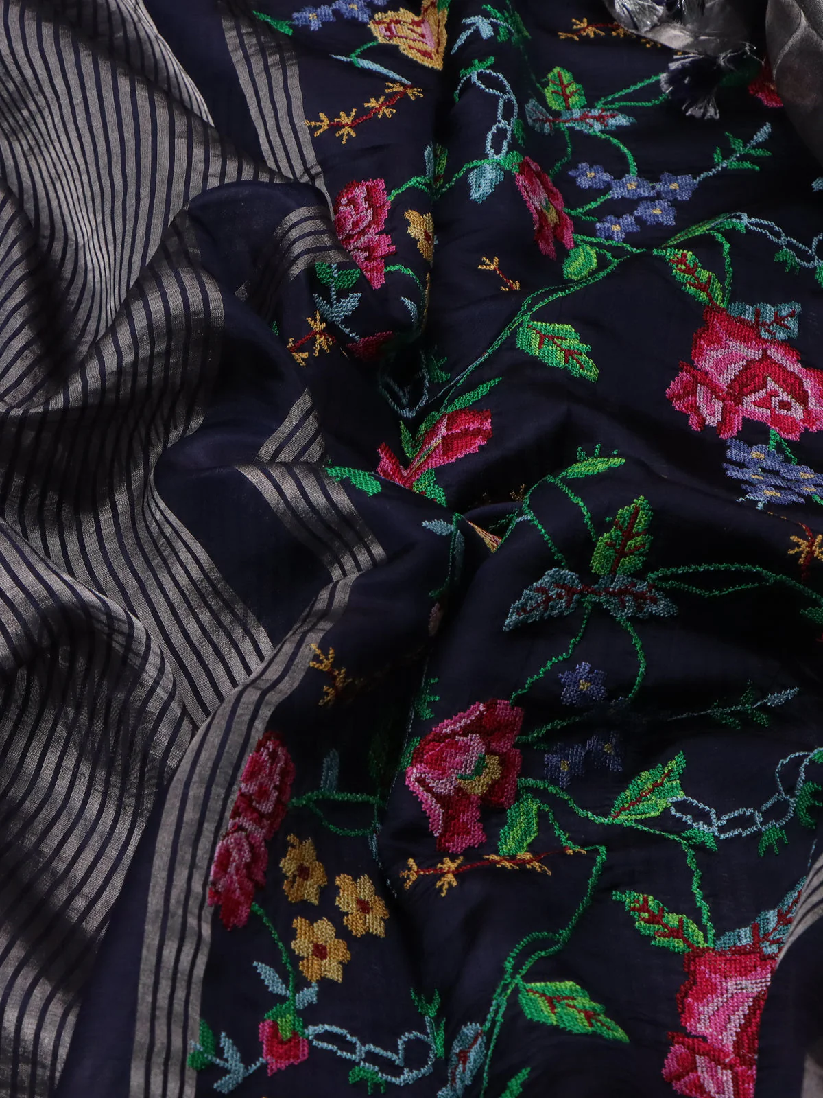 Navy Blue Chanderi Silk Saree - Image 3