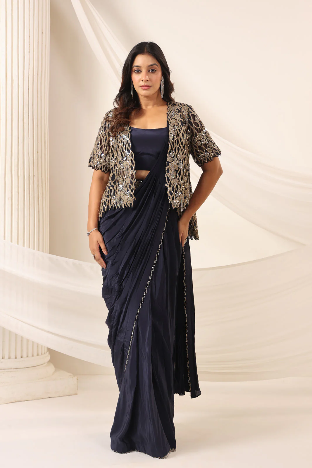 Navy Blue Crepe Pre-Draped Saree With Croptop And Heavy Sequined Net Jacket - Image 10