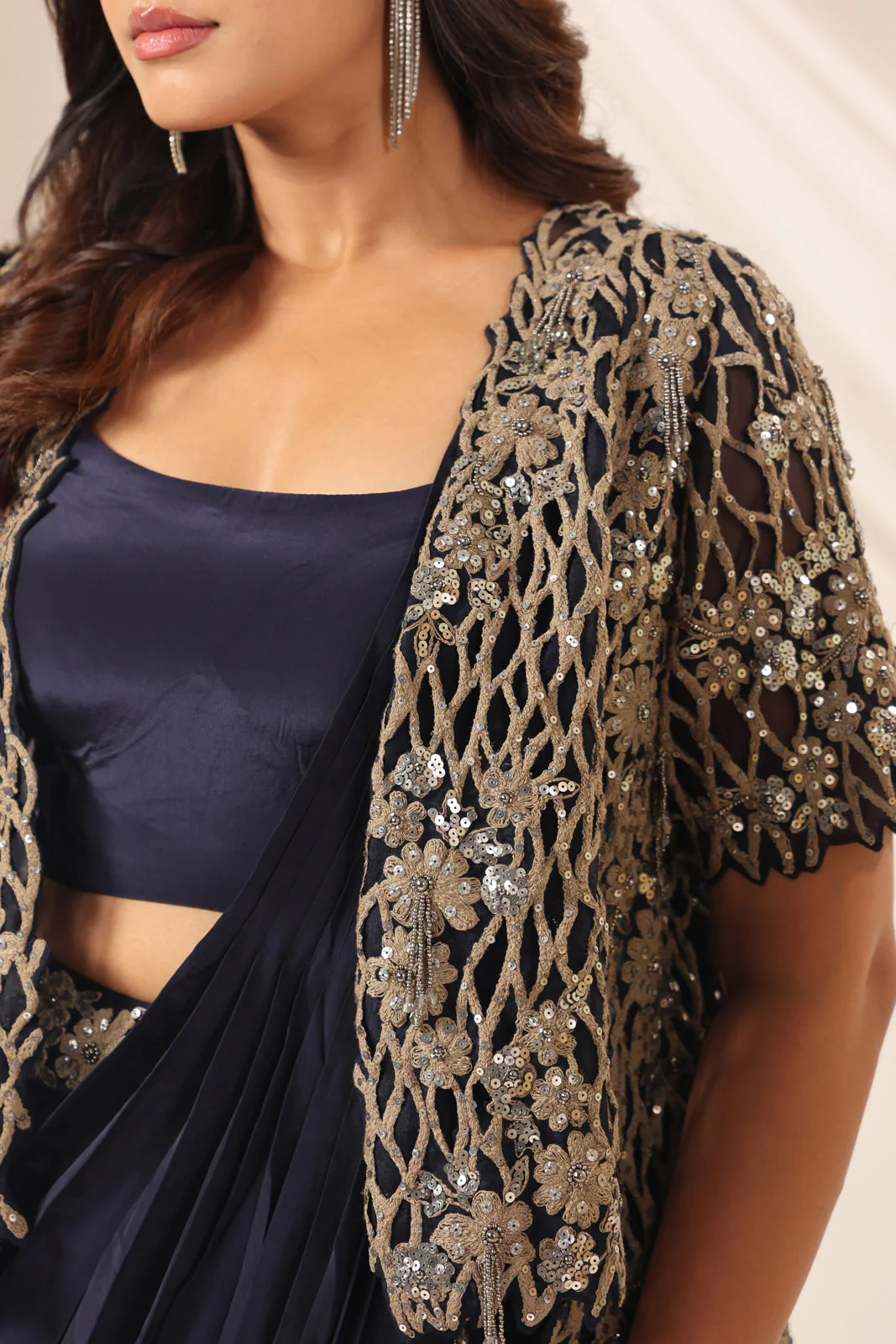 Navy Blue Crepe Pre-Draped Saree With Croptop And Heavy Sequined Net Jacket - Image 12