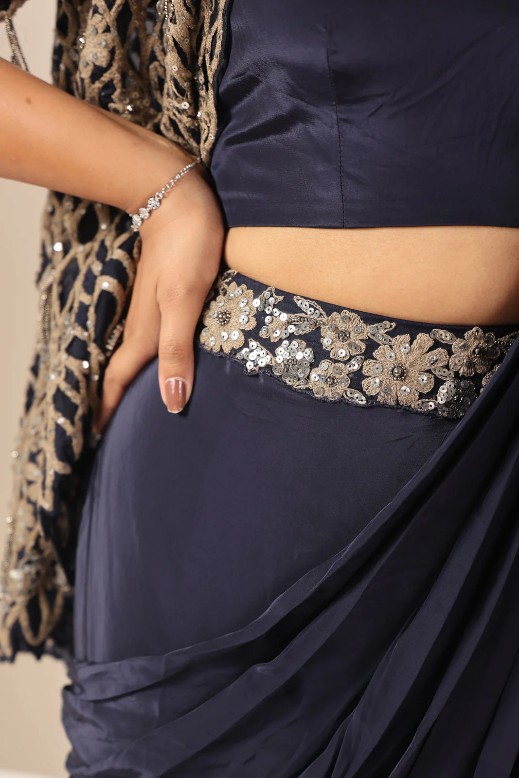 Navy Blue Crepe Pre-Draped Saree With Croptop And Heavy Sequined Net Jacket - Image 13