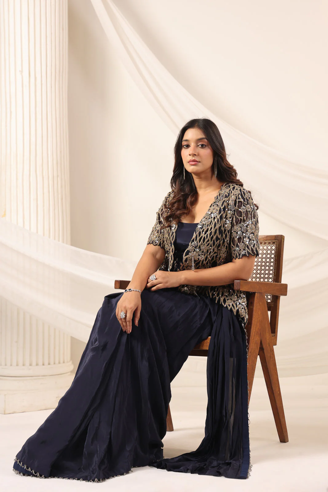 Navy Blue Crepe Pre-Draped Saree With Croptop And Heavy Sequined Net Jacket - Image 15