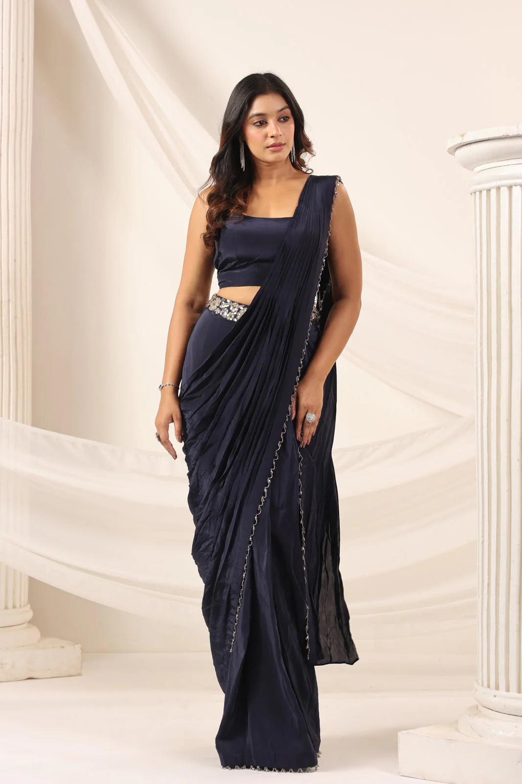 Navy Blue Crepe Pre-Draped Saree With Croptop And Heavy Sequined Net Jacket - Image 2