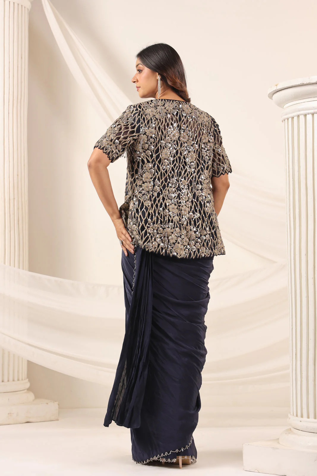 Navy Blue Crepe Pre-Draped Saree With Croptop And Heavy Sequined Net Jacket - Image 4