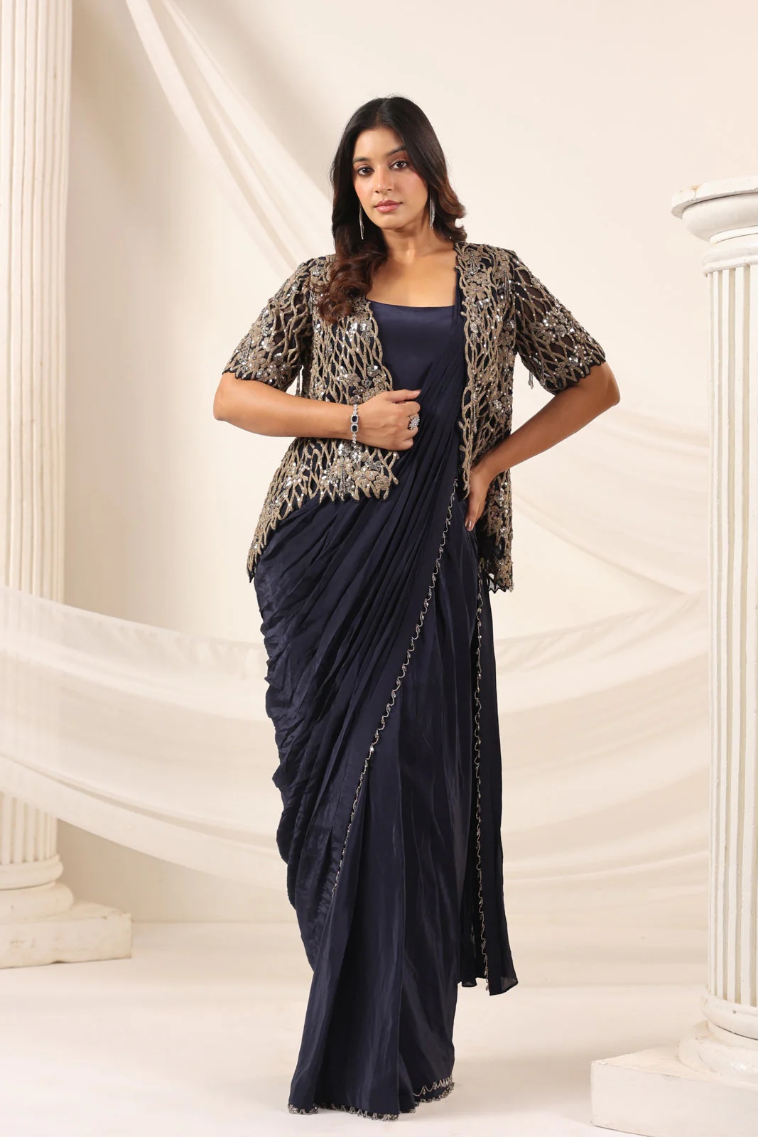 Navy Blue Crepe Pre-Draped Saree With Croptop And Heavy Sequined Net Jacket - Image 5