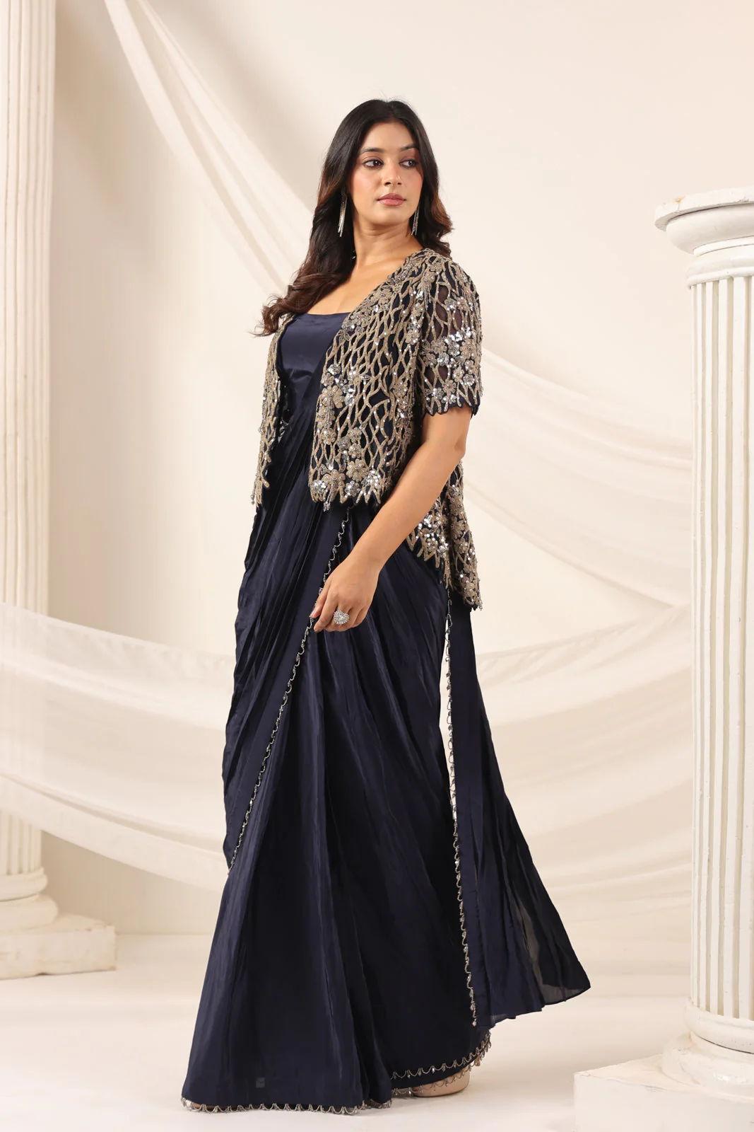 Navy Blue Crepe Pre-Draped Saree With Croptop And Heavy Sequined Net Jacket - Image 6
