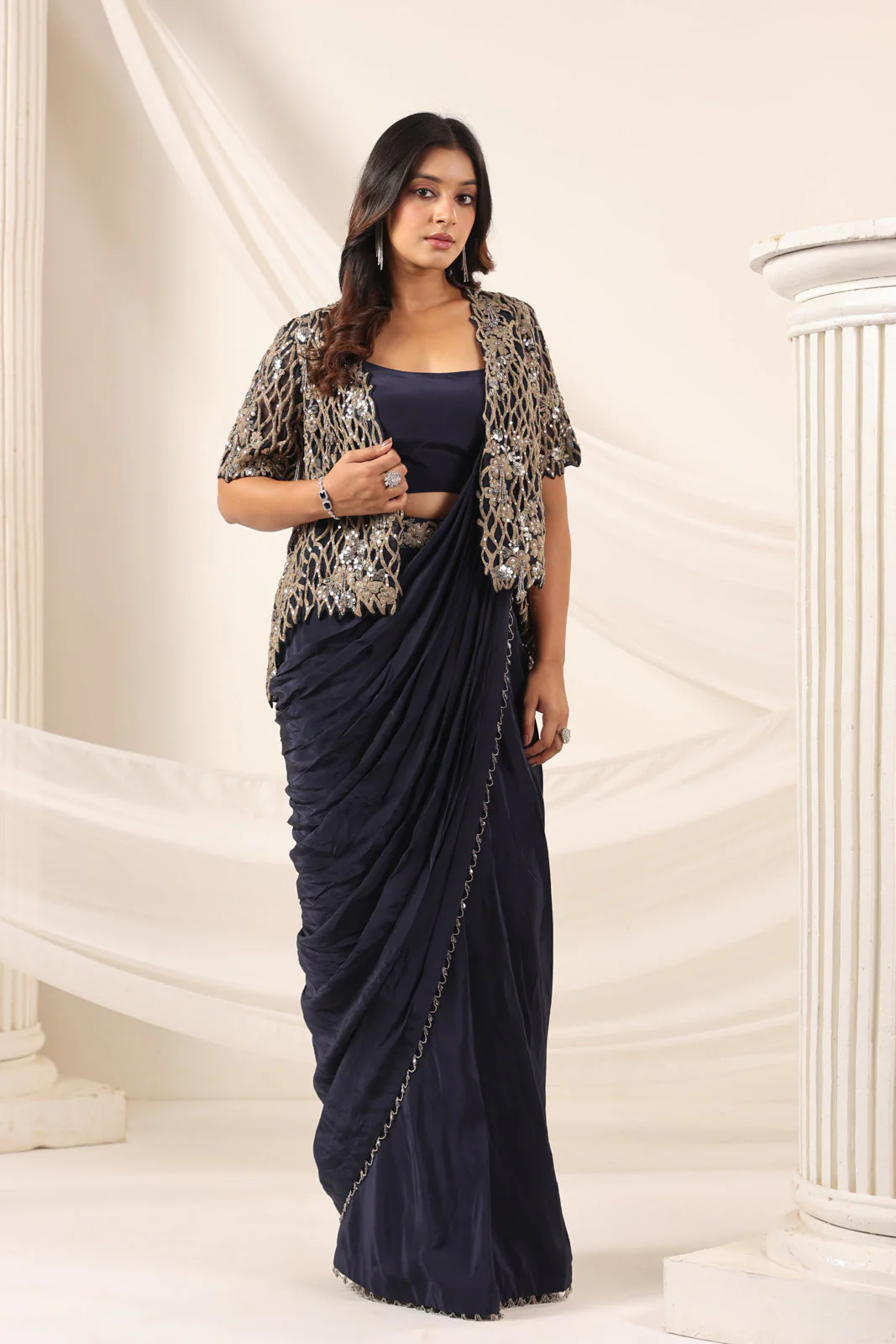 Navy Blue Crepe Pre-Draped Saree With Croptop And Heavy Sequined Net Jacket - Image 7