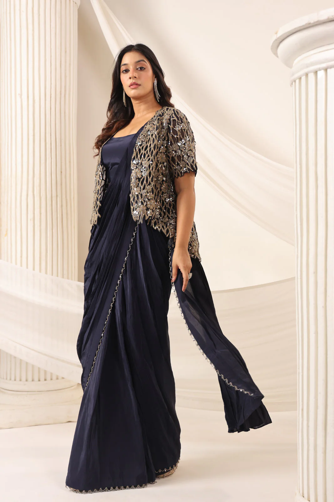 Navy Blue Crepe Pre-Draped Saree With Croptop And Heavy Sequined Net Jacket - Image 9