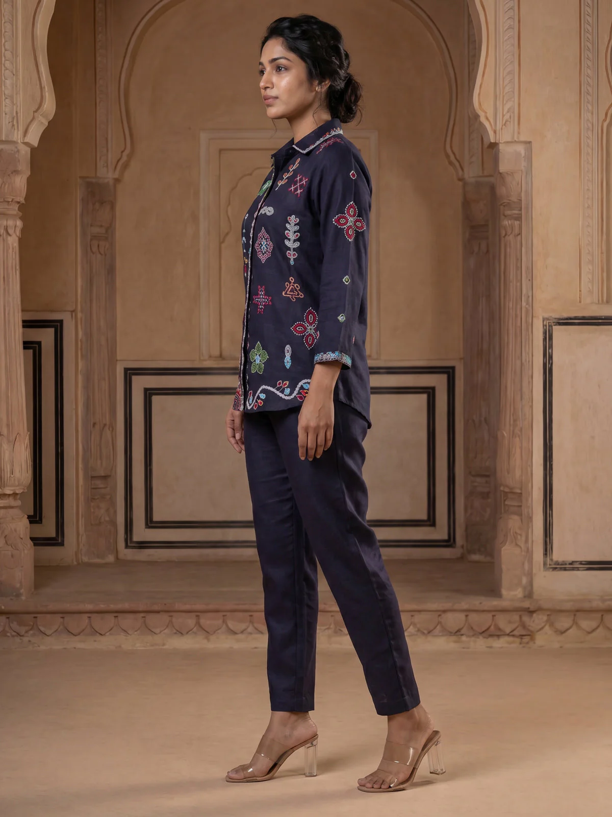Navy Blue Linen Cotton Collared Tunic Top With Multi Colour Embroidery And Straight Cut Pant - Image 2