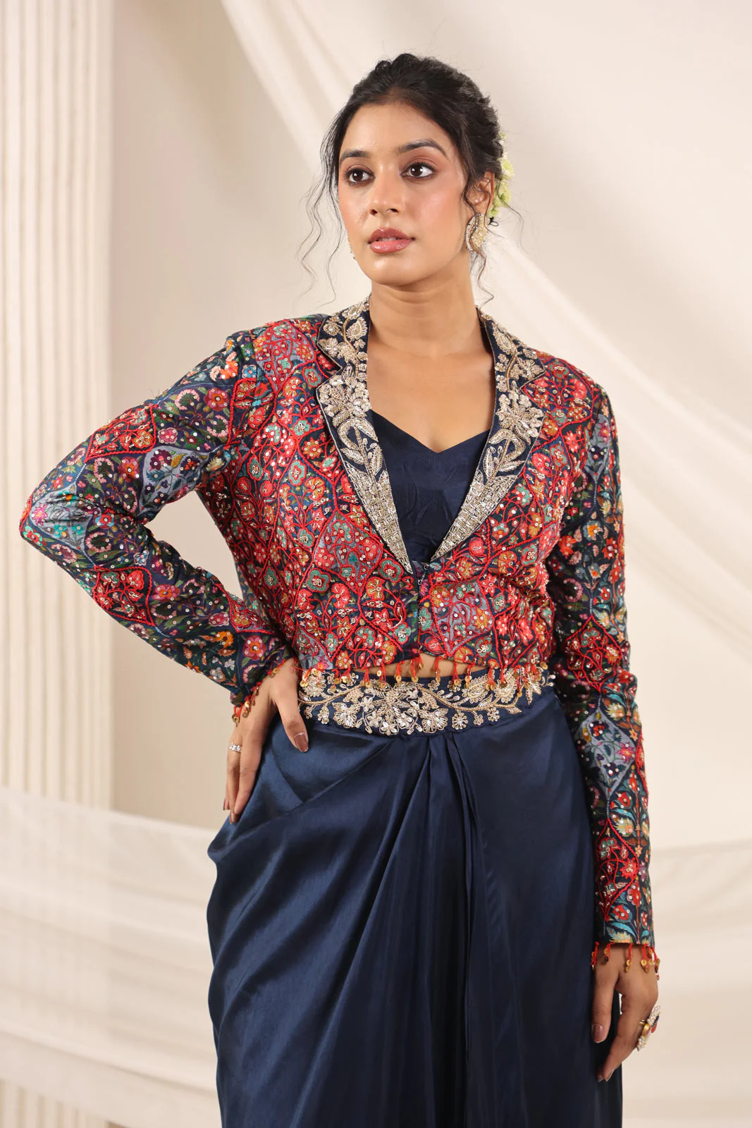 Navy Blue Fusion Pleaded Lehenga With Short Crop Top Paired With Contrast Printed Embroided Jacket - Image 10