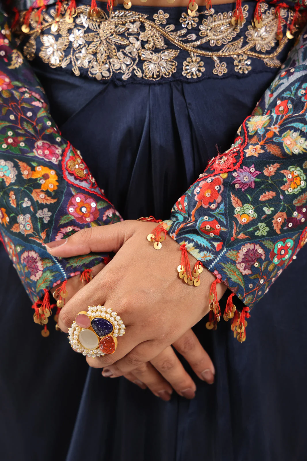 Navy Blue Fusion Pleaded Lehenga With Short Crop Top Paired With Contrast Printed Embroided Jacket - Image 12