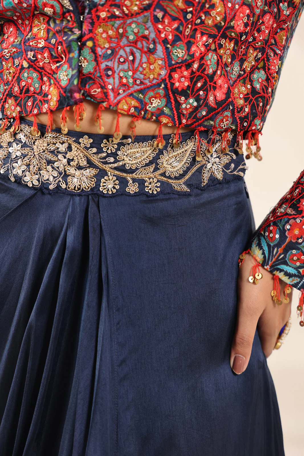 Navy Blue Fusion Pleaded Lehenga With Short Crop Top Paired With Contrast Printed Embroided Jacket - Image 13