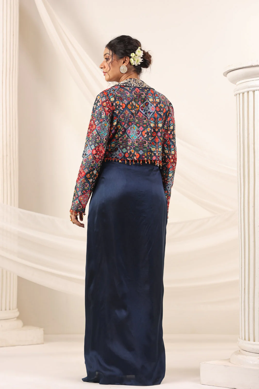 Navy Blue Fusion Pleaded Lehenga With Short Crop Top Paired With Contrast Printed Embroided Jacket - Image 15