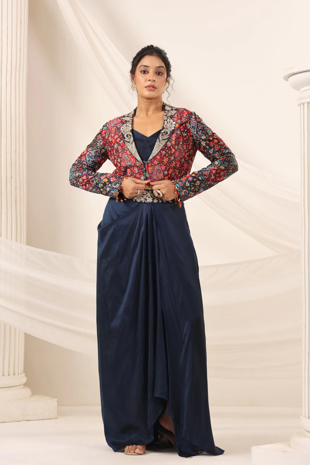 Navy Blue Fusion Pleaded Lehenga With Short Crop Top Paired With Contrast Printed Embroided Jacket - Image 3