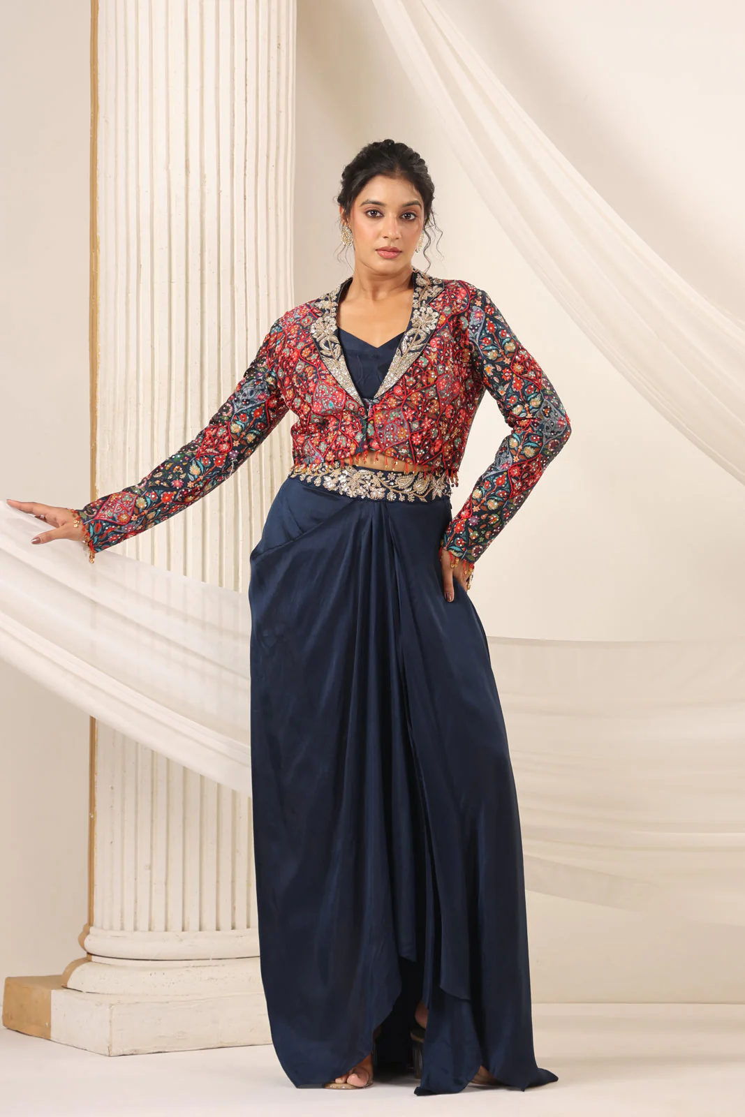 Navy Blue Fusion Pleaded Lehenga With Short Crop Top Paired With Contrast Printed Embroided Jacket - Image 4