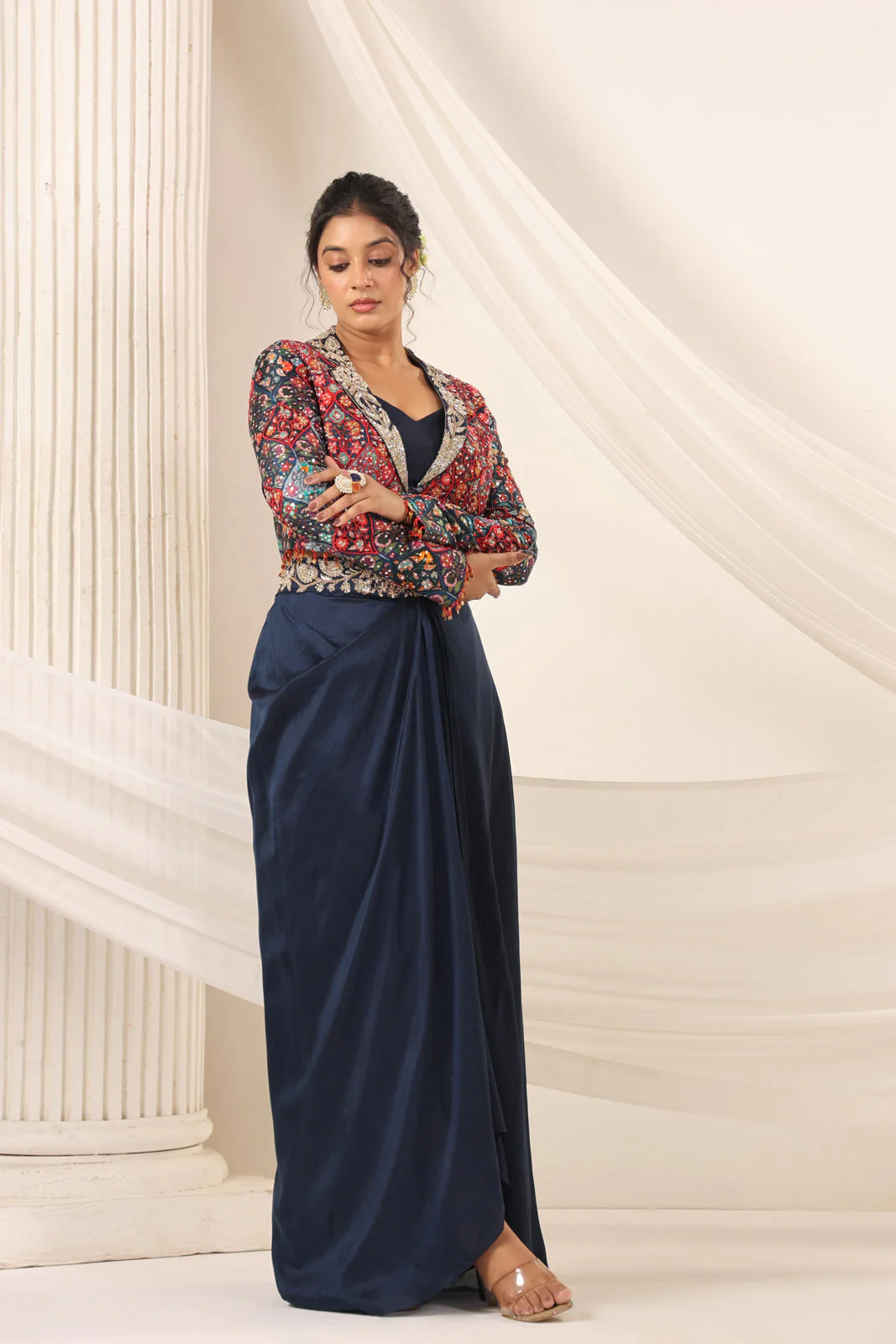 Navy Blue Fusion Pleaded Lehenga With Short Crop Top Paired With Contrast Printed Embroided Jacket - Image 5