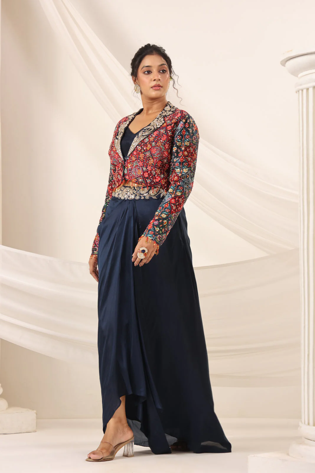 Navy Blue Fusion Pleaded Lehenga With Short Crop Top Paired With Contrast Printed Embroided Jacket - Image 6